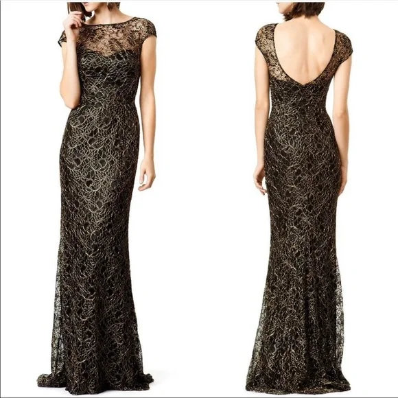 Theia | Dresses | Theia Edinburgh Floral Lace Cap Sleeve Boat Neck Maxi Dress  Gown Black Gold | Poshmark